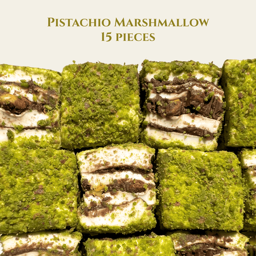 Choco De Mua Fluffies Chocolate Pistachio Marshmallow, Dubai Chocolate Aspired Marhmallow – 15 Pieces, 10.6 oz Gift Box Snack Dessert Bonbon